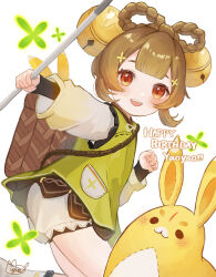 Rule 34 | 1girl, :d, absurdres, ankle boots, backpack basket, bell, bloomers, boots, bow-shaped hair, brown hair, center-flap bangs, child, clenched hand, dot nose, dress, genshin impact, green dress, hair bell, hair ornament, happy birthday, highres, holding, holding polearm, holding weapon, light blush, long sleeves, looking at viewer, mokankan, open mouth, orange eyes, pocket, polearm, shirt, short hair, sidelocks, signature, simple background, sleeveless, sleeveless dress, smile, standing, standing on one leg, stuffed animal, stuffed toy, teeth, underwear, upper teeth only, weapon, white background, white bloomers, white footwear, white shirt, wide sleeves, yaoyao (genshin impact), yuegui (genshin impact)