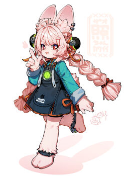 1girl ahoge animal_ear_fluff animal_ears blue_shirt body_fur braid furry furry_female highres hituzirobo long_hair looking_at_viewer open_mouth pink_fur pink_hair rabbit_ears rabbit_girl rabbit_tail red_eyes shirt short_eyebrows smile solo tail thigh_strap twin_braids zenless_zone_zero zhao_(zenless_zone_zero)