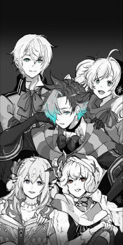 2boys 3girls aqua_hair bad_id bad_pixiv_id black_hair book braid capelet elbow_gloves fingernails gerda_(grimms_notes) gerda_(repage)_(grimms_notes) gloves greyscale grimms_notes hair_between_eyes hand_on_another's_shoulder hans_andersen_(grimms_notes) head_rest holding holding_book kai_(grimms_notes) kai_(repage)_(grimms_notes) little_match_girl_(grimms_notes) little_match_girl_(repage)_(grimms_notes) little_mermaid_(grimms_notes) little_mermaid_(original)_(grimms_notes) long_hair looking_at_viewer misoshiru_umai4 monochrome multiple_boys multiple_girls open_book open_mouth parted_lips partially_colored purple_eyes red_eyes scarf short_hair smile striped_clothes striped_scarf teeth tongue twin_braids twintails upper_body upper_teeth_only