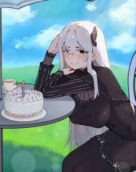 1girl absurdres babywipes birthday_cake black_capelet black_dress black_eyes blue_sky blush breasts butterfly_hair_ornament cake candle capelet chair closed_mouth cloud colored_eyelashes commentary cup day dress echidna_(re:zero) english_commentary food hair_between_eyes hair_ornament highres large_breasts long_hair long_sleeves looking_at_viewer outdoors re:zero_kara_hajimeru_isekai_seikatsu sitting sky smile solo table teacup white_hair