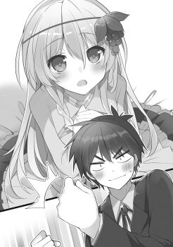 1boy 1girl ^^^ blush braid clenched_hands clothing_cutout collared_shirt dress food food-themed_hair_ornament formal_clothes from_above fruit grape_hair_ornament grapes greyscale hair_between_eyes hair_ornament highres iris_(konosuba) jacket kono_subarashii_sekai_ni_shukufuku_wo! long_dress long_hair long_sleeves looking_at_viewer mishima_kurone monochrome non-web_source novel_illustration official_art on_bed open_mouth satou_kazuma shirt short_hair side_braid simple_background sitting smile suit suit_jacket sweat upper_body v-shaped_eyebrows