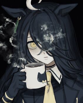 1girl ahoge animal_ears animal_print black_background black_choker black_gloves black_hair cat_print character_name choker closed_mouth coffee collared_shirt contrast_collar crossed_bangs cup ear_ornament ear_tag earrings gloves hair_over_one_eye hand_up highres holding holding_cup horse_ears horse_girl inui_tyan jewelry long_bangs long_hair manhattan_cafe_(umamusume) mug multicolored_hair necktie shirt simple_background single_earring solo steam steaming_cup umamusume white_hair yellow_eyes yellow_necktie