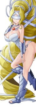 1girl absurdres bare_shoulders blindfold blonde_hair breasts cleavage commentary_request covered_eyes digimon digimon_(creature) dress highres jewelry large_breasts long_hair manchi_kansuke o-ring o-ring_bottom o-ring_panties panties smile strapless strapless_dress thighs underwear venusmon very_long_hair white_dress white_panties wing_ears wings