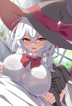 1girl absurdres bed bed_sheet black_hat black_jacket black_skirt blue_archive blush book bow bowtie bra_visible_through_clothes braid breasts button_gap buttons cleavage collared_shirt commentary_request crossed_bangs day dutch_angle earrings eri_(blue_archive) fuyunash1 hair_between_eyes hat hat_ribbon highres indoors jacket jewelry large_breasts long_hair looking_at_viewer lying multicolored_hair no_halo off_shoulder on_bed on_stomach open_mouth orange_eyes plant pleated_skirt potted_plant red_bow red_ribbon red_streaks ribbon see-through_clothes shirt single_braid single_earring skirt solo streaked_hair triangle_earrings two-sided_fabric two-sided_headwear white_hair white_shirt window witch_hat