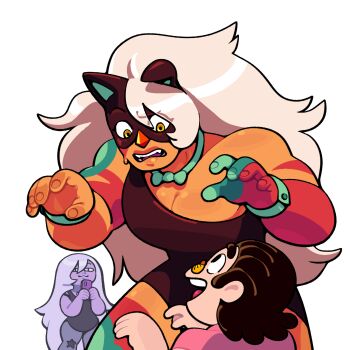 alternate_costume amethyst_(steven_universe) colored_skin discount-supervillain dress eye_mask fangs fingernails gem highres jasper_(post-corruption)_(steven_universe) jasper_(species)_(steven_universe) jasper_(steven_universe) mask official_alternate_costume official_alternate_hairstyle orange_skin smile steven_quartz_universe steven_universe teeth tiger_millionaire white_hair
