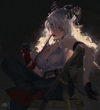 1girl absurdres arm_strap bare_shoulders black_gloves black_horns black_pants black_shoes breasts clenched_hand commentary curled_horns english_commentary figure_four_sitting gloves hair_between_eyes high-waist_pants highres hiro_henuri horns large_breasts long_hair looking_at_viewer mouth_hold necktie pants red_eyes red_necktie shirt shirt_tucked_in shoes sitting solo torn_clothes torn_shirt white_shirt wuthering_waves zani_(wuthering_waves)