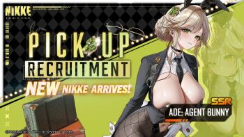 ade_(agent_bunny)_(nikke) ade_(nikke) between_breasts black_jacket black_necktie blonde_hair braid breasts bun_with_braided_base character_name choker closed_mouth clothing_cutout clover_hair_ornament collared_shirt copyright_name fishnet_pantyhose fishnets four-leaf_clover_hair_ornament gloves goddess_of_victory:_nikke green_eyes hair_ornament headset highres jacket large_breasts light_blush looking_at_viewer navel_cutout necktie official_alternate_costume official_art pantyhose playboy_bunny shirt sidelocks skindentation suitcase undersized_breast_cup unworn_eyewear white_gloves zoom_layer