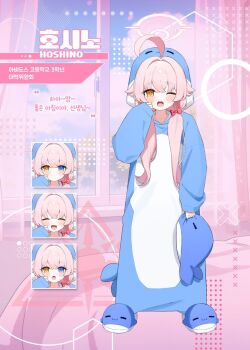 1girl ahoge alternate_costume animal_slippers blue_archive blue_pajamas blush bow commentary_request full_body hair_between_eyes hair_bow halo hand_up highres holding holding_stuffed_toy hood hood_up hoshino_(blue_archive) long_hair looking_at_viewer low_twintails matgandaramjwi multiple_expressions one_eye_closed open_mouth pajamas pink_bow pink_hair pink_halo sleeves_past_wrists slippers solo stuffed_animal stuffed_toy stuffed_whale twintails yellow_eyes