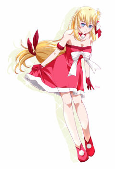 1girl agnes_claudel bare_legs blonde_hair blue_eyes braid braided_bun breasts cleavage commentary_request dress eiyuu_densetsu gloves hair_bun kuro_no_kiseki_(series) kuro_no_kiseki_i long_hair looking_at_viewer red_dress red_gloves red_ribbon red_shoes ribbon shoes simple_background single_side_bun xiacheng_tatsuya