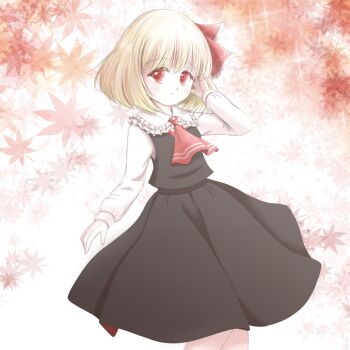 1girl 4183rumia ascot black_skirt black_vest blonde_hair commentary_request cowboy_shot frilled_shirt_collar frills hair_ribbon hand_up highres leaf light_blush long_sleeves maple_leaf red_ascot red_eyes red_ribbon ribbon rumia shirt short_hair skirt snowflakes solo touhou vest white_background white_shirt
