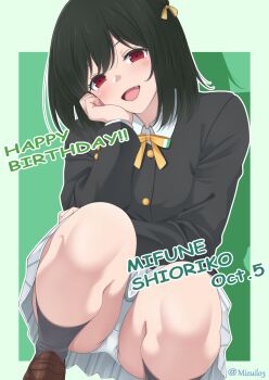 1girl black_hair black_jacket border character_name collared_shirt commentary dated dress_shirt fang foot_out_of_frame green_background hand_on_own_cheek hand_on_own_face highres jacket long_sleeves looking_at_viewer love_live! love_live!_nijigasaki_high_school_idol_club medium_hair mifune_shioriko miniskirt neck_ribbon nijigasaki_school_uniform outside_border panties pantyshot pleated_skirt red_eyes rei_(09991) ribbon school_uniform shirt simple_background skirt solo squatting underwear upskirt white_panties white_shirt white_skirt winter_uniform yellow_ribbon