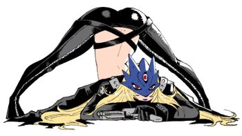 1girl ass beelstarmon black_coat black_pants blonde_hair coat digimon digimon_(creature) dimples_of_venus finger_on_trigger full_body gun holding holding_gun holding_weapon jack-o&#039;_challenge long_hair pants simple_background solo third_eye top-down_bottom-up wanderjegson weapon white_background