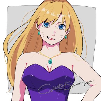 1girl blonde_hair blue_eyes breasts cleavage cosplay dress earrings facial_mark genderswap genderswap_(mtf) ghost_sweeper_mikami inuyan jewelry long_hair looking_at_viewer mikami_reiko mikami_reiko_(cosplay) naruko_(naruto) naruto_(classic) naruto_(series) necklace purple_dress smile solo whisker_markings