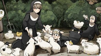 5girls animal_costume animal_ears baby_animal baby_bottle bird black_shoes blonde_hair blue_eyes bottle brown_hair brown_hat bush chicken clumsy_nun_(diva) commentary diva_(hyxpk) duck duckling english_commentary fake_animal_ears feeding freckles froggy_nun_(diva) grey_hair hat highres lamb little_nuns_(diva) milk mole mole_under_mouth multiple_girls nun pitchfork rope_belt sheep sheep_costume sheep_ears sheep_nun_(diva) shoes shy_nun_(diva) strict_nun's_mother_(diva) tongue tongue_out traditional_nun triangle_mouth
