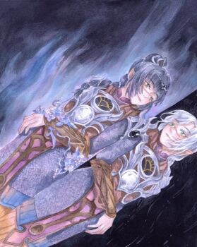 2girls absurdres armor baldur&#039;s_gate baldur&#039;s_gate_3 black_hair blunt_bangs braid braided_ponytail chainmail dual_persona dungeons_&amp;_dragons dungeons_&amp;_dragons elf eye_contact green_eyes highres long_hair looking_at_another multiple_girls night_orchid pointy_ears qie_gao_miao_miao_wu shadowheart_(baldur&#039;s_gate) swept_bangs white_hair