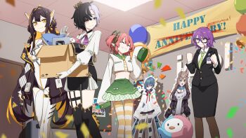 6+girls absurdres ascot azslyne black_hair black_jacket black_skirt blonde_hair blue_eyes brown_hair collared_shirt coni_confetti crop_top cropped_jacket crown english_text formal_clothes fuyo_cloverfield glasses green_skirt heterochromia highres chromashift jacket juna_unagi juna_unagi_(1st_costume) leotard long_hair long_sleeves midriff mini_crown momo_otako multicolored_hair multiple_girls necktie pantyhose pochi_wanmaru poko_rakun purple_eyes purple_hair red_eyes red_hair rin_penrose roca_rourin second-party_source shirt short_hair short_twintails skirt striped_clothes striped_thighhighs suit thighhighs twintails two-tone_hair virtual_youtuber white_hair white_jacket white_leotard white_shirt yellow_eyes yuko_yurei