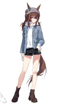 1girl absurdres animal_ears beanie black_shorts blue_jacket boots brown_boots brown_hair ears_through_headwear frown full_body grey_hat gul_(parfaitgul) hair_between_eyes hat highres hood hoodie horse_ears horse_girl horse_tail jacket long_hair long_sleeves looking_at_viewer nakayama_festa_(casual)_(umamusume) nakayama_festa_(umamusume) open_clothes open_jacket pink_eyes short_shorts shorts sidelocks simple_background sketch solo standing tail umamusume white_background white_hoodie