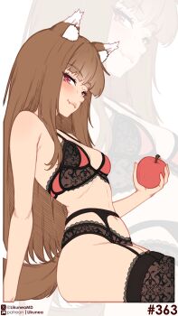 1girl absurdres animal_ears apple black_garter_straps blunt_bangs blush bra breasts brown_bra brown_hair brown_panties brown_thighhighs closed_mouth commentary english_commentary fang food fruit garter_straps highres holding holding_food holding_fruit holo likunea long_hair looking_at_viewer panties patreon_logo patreon_username red_eyes small_breasts smile spice_and_wolf tail thighhighs underwear underwear_only white_background wolf_ears wolf_girl wolf_tail zoom_layer