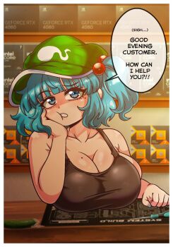 1girl blue_hair breasts flat_cap green_hat hair_bobbles hair_ornament hat kawashiro_nitori large_breasts mole mole_on_breast seireiart solo touhou two_side_up