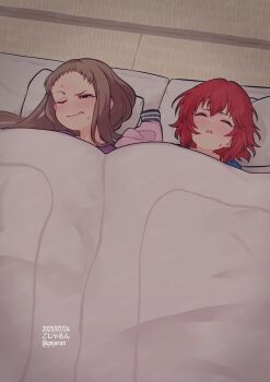2girls artist_name blue_sweater brown_hair closed_eyes commentary_request dated female_masturbation gojarun highres idolmaster idolmaster_cinderella_girls implied_masturbation koseki_reina long_hair lying masturbation multiple_girls murakami_tomoe on_back one_eye_closed pillow purple_shirt red_hair shirt short_hair sweater textless_version twitter_username under_covers variant_set watermark