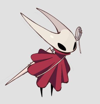 1girl aliasing arthropod_girl black_eyes black_skin blank_eyes cloak colored_skin female_focus full_body furry furry_female grey_background high_collar highres hollow_knight hollow_knight:_silksong hornet_(hollow_knight) leaning_forward looking_afar needle_(hollow_knight) no_feet red_cloak simple_background solo standing string tuckeryart weapon weapon_on_back