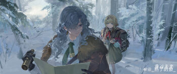 2girls absurdres arm_out_of_sleeve backpack bag behind_another black_gloves blonde_hair blue_eyes braid braided_bangs brown_bag brown_coat brown_dress cloak closed_mouth coat collared_shirt commentary_request copyright_name day dress feet_out_of_frame footprints fur-trimmed_coat fur_trim gloves green_necktie grey_hair hair_over_one_eye hands_up highres holding holding_map holding_rope kiperina logo long_hair looking_at_another looking_to_the_side map medium_dress mole mole_on_neck mole_under_mouth monocular multiple_girls nature neckerchief necktie official_art one_eye_covered outdoors pine_tree purple_eyes red_cloak red_neckerchief reverse:1999 rope shirt shule_de_yu snow teacher_and_student tree upper_body watermark wavy_hair weibo_watermark white_shirt windsong_(reverse:1999)