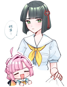 ! 2girls 3: :d ahoge anyoji_hime black_ribbon blonde_hair blue_dress blunt_bangs blunt_ends bob_cut breast_pocket breasts closed_eyes closed_mouth commentary detached_ahoge dress flower flower_knot gradient_hair green_hair hair_flower hair_intakes hair_ornament hair_ribbon hasu_no_sora_school_uniform highres inverted_bob light_frown link!_like!_love_live! love_live! medium_breasts momose_ginko multicolored_hair multiple_girls neckerchief open_mouth pink_flower pink_hair pocket ponytail puffy_short_sleeves puffy_sleeves ribbon sailor_collar sailor_dress school_uniform short_hair short_sleeves simple_background smile summer_uniform symbol-only_commentary v-shaped_eyebrows virtual_youtuber white_background white_sailor_collar yellow_neckerchief zangemiya