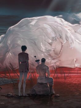 1girl 2boys absurdres alternate_size berserk black_hair boots brown_boots casca_(berserk) character_name closed_eyes commentary_request dress field_of_blades from_behind giant grey_hair griffith_(berserk) guts_(berserk) highres light_rays long_hair median_furrow multiple_boys muscular muscular_male outdoors pants pink_dress planted planted_sword planted_weapon red_water rock short_hair sitting size_difference spencer_sais standing sunbeam sunlight sword thigh_boots weapon white_boots white_pants