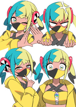 1girl aqua_hair bandeau black_hair blank_eyes blonde_hair blue_eyes blush canari_(pokemon) commentary_request cropped_jacket dark-skinned_female dark_skin e.o. highres index_finger_raised jacket long_sleeves looking_at_viewer mask mega_stone mouth_mask multicolored_hair multiple_expressions multiple_views nintendo one_eye_closed open_clothes open_jacket pokemon pokemon_legends:_z-a short_hair split-color_hair twintails upper_body white_background yellow_bandeau yellow_jacket