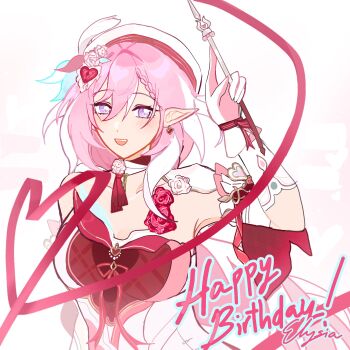 1girl beret breasts commentary diamond-shaped_pupils diamond_(shape) dress earrings elf elysia_(hi_love_elf)_(honkai_impact) elysia_(honkai_impact) english_commentary gloves happy_birthday hat heart heart_earrings highres holding_ribbon_baton honkai_(series) honkai_impact_3rd jewelry large_breasts long_hair looking_at_viewer multicolored_hair open_mouth pearlywishes pink_hair pointy_ears purple_eyes red_dress simple_background solo symbol-shaped_pupils two-tone_hair very_long_hair white_background white_dress white_gloves