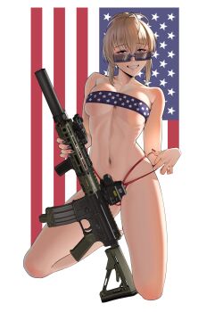 Rule 34 | 1girl, aac honey badger, absurdres, ahoge, american flag, american flag bikini, american flag print, bikini, blonde hair, breast suppress, breasts, flag print, flag print bikini, gun, highres, holding, holding gun, holding weapon, kneeling, nail polish, navel, original, print bikini, puto trash, ribs, sunglasses, suppressor, swimsuit, weapon