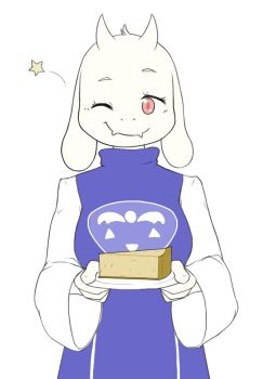 1girl animal_ears blush breasts closed_mouth dress fangs female_focus food furry furry_female goat_ears hands_up happy holding horns light_blush long_sleeves looking_at_viewer medium_breasts one_eye_closed pie plate purple_dress red_eyes simple_background smile solo standing star_(symbol) toriel undertale upper_body utdr_(toby_fox) white_background wink xan_(xan0712)