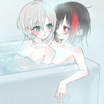 2girls aoba_moca bang_dream! bathing bathtub black_hair blue_eyes blush breast_press commentary_request highres mitake_ran multiple_girls nude parted_lips partially_submerged pink_eyes red_streaks same-sex_bathing shared_bathing short_hair water white_hair yu_g_yup yuri