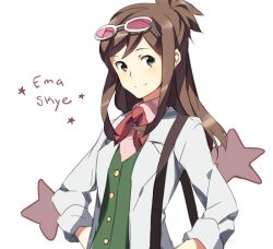 Rule 34 | 1girl, ace attorney, brown eyes, brown hair, character name, coat, commentary, ema skye, eyewear on head, glasses, green shirt, hands on own hips, lab coat, long hair, looking at viewer, neckerchief, pink-tinted eyewear, red neckerchief, shirt, solo, star (symbol), tinted eyewear, weee (raemz), white coat