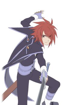 Rule 34 | 1boy, artist request, belt, brown eyes, cape, closed mouth, collared cape, commentary, cowboy shot, fighting stance, fingerless gloves, game cg, gloves, holding, holding sword, holding weapon, kratos aurion, looking at viewer, male focus, medium hair, multiple belts, official art, pants, purple belt, purple cape, purple gloves, purple pants, purple trim, red hair, sheath, solo, spiked hair, standing, sword, tales of (series), tales of asteria, tales of symphonia, third-party source, transparent background, weapon