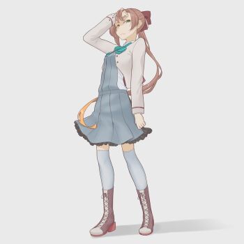 1girl akigumo_(kancolle) akigumo_kai_ni_(kancolle) aqua_bow aqua_bowtie bow bowtie breasts brown_hair gradient_hair green_eyes grey_thighhighs hair_ribbon kantai_collection kito_3_tyoki-tyoki long_hair long_sleeves medium_breasts mole mole_under_eye multicolored_hair ponytail ribbon school_uniform thighhighs very_long_hair