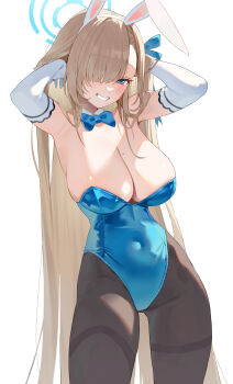 1girl absurdres asuna_(blue_archive) asuna_(bunny)_(blue_archive) blonde_hair blue_archive blue_bow blue_bowtie blue_eyes blue_halo blue_leotard blush bow bowtie breasts cleavage commentary_request covered_groin davo221020 detached_collar elbow_gloves gloves grin hair_over_one_eye halo highres large_breasts leotard long_hair looking_at_viewer mole mole_on_breast pantyhose rabbit_pose smile solo thighband_pantyhose very_long_hair white_gloves