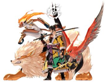Rule 34 | 1boy, 2021, arcanine, armor, beard, black footwear, boots, crossover, facial hair, final fantasy, final fantasy xiv, fire, flaming weapon, fur-trimmed armor, fur-trimmed boots, fur-trimmed jacket, fur trim, gen 1 pokemon, gen 4 pokemon, gen 6 pokemon, gloves, hair ribbon, hien rijin, high ponytail, holding, holding poke ball, holding sword, holding weapon, hyur, infernape, jacket, katana, nintendo, poke ball, pokemon, pokemon (creature), pokemon team, ponytail, potion lilac, ribbon, samurai (final fantasy), sword, talonflame, weapon, yellow jacket