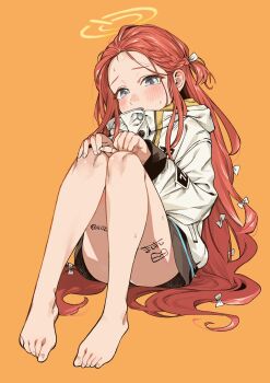 1girl bare_legs barefoot blue_archive blue_eyes blush bow braid closed_mouth feet forehead frown full_body hair_bow halo highres jacket knees_up long_hair long_sleeves looking_at_viewer mashimashi millennium_science_school_logo multiple_hair_bows orange_background orange_halo red_hair simple_background single_braid sitting solo sweatdrop thighs toenails toes very_long_hair white_bow yuzu_(blue_archive)