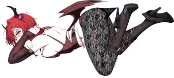 1girl absurdres arknights ass black_pantyhose detached_sleeves high_heels highres horns lace_pantyhose_hooked_on_heel_(meme) long_hair looking_at_viewer medium_hair meme ohkurrva pantyhose purple_eyes red_eyes solo surtr_(arknights) top-down_bottom-up white_background wings