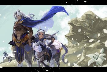 1boy 1girl :o abs animal_ears armor blue_cape blue_eyes blue_hairband blue_shirt blunt_bangs braid braided_ponytail cape centaur center_frills chinese_zodiac closed_mouth cloud cloudy_sky commentary_request cowboy_shot day facial_hair falling_petals father_and_daughter faulds floating_cape floating_hair flower frills hair_between_eyes hairband highres holding_hands hooves horse_ears horse_tail layered_sleeves leather_armor letterboxed lily_(flower) long_hair looking_at_viewer monster_boy monster_girl multiple_legs navel open_mouth original outdoors parted_bangs pelvic_curtain petals sakusha_a. shirt sidelocks signature single_braid sky standing standing_on_three_legs tail taur white_hair year_of_the_horse