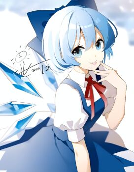 1girl :p blue_bow blue_dress blue_eyes blue_hair bow chenshijian cirno commentary_request dated detached_wings dress fairy hair_bow ice ice_wings looking_at_viewer multiple_wings neck_ribbon pinafore_dress puffy_short_sleeves puffy_sleeves red_ribbon ribbon shoes short_hair short_sleeves signature sleeveless sleeveless_dress solo tongue tongue_out touhou white_shoes wings