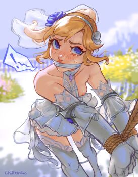1girl bdsm blonde_hair blue_bow blue_eyes blush bondage bound bound_wrists bow breast_slip bridal_veil bride chiffonfae crying crying_with_eyes_open crystal_rose_lux dress elbow_gloves frills gag gagged gloves halterneck highres league_of_legends long_hair lux_(league_of_legends) nipple_slip nipples rope solo tears thighhighs veil wedding_dress white_gloves white_veil
