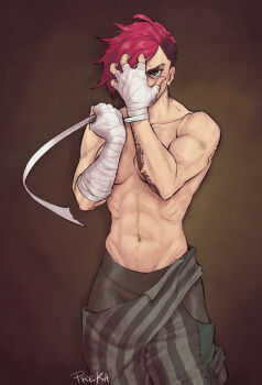 1girl abs arcane:_league_of_legends arcane_vi arm_tattoo artist_name asymmetrical_hair bandaged_arm bandages biceps blue_eyes eyebrow_cut league_of_legends muscular muscular_female navel neck_tattoo pants preka red_hair short_hair sidecut striped_clothes striped_pants tattoo topless_female undercut vi_(league_of_legends) wrist_wrap