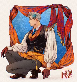 1boy aiguillette black_pants black_vest blue_hair blue_necktie blue_streaks brown_eyes brown_gloves brown_shoes buttons collared_shirt double-breasted facial_hair fate/grand_order fate_(series) from_side gloves goatee hand_on_own_knee highres katsu_kaishuu_(fate) looking_at_viewer male_focus mature_male momochi_(bmbmomomo) multicolored_hair necktie old old_man orange_robe pants portrait_(object) robe shirt shoes simple_background solo squatting streaked_hair two-tone_hair vest waistcoat white_background white_hair white_shirt