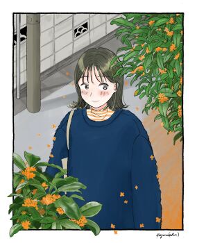 1girl bag black_border black_eyes blue_sweater blush border brick_wall chi_p_v cinder_block commentary commission falling_petals from_above highres long_sleeves looking_to_the_side original osmanthus outdoors petals shirt shirt_under_sweater short_hair shoulder_bag signature skeb_commission smile solo standing striped_clothes striped_shirt sweater tree turtleneck upper_body utility_pole white_border white_shirt yellow_shirt
