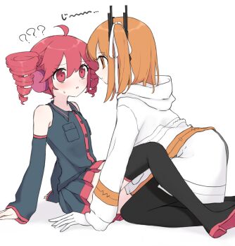 2girls ? ?? a.i._voice adachi_rei ahoge bare_shoulders black_shirt black_skirt black_sleeves black_thighhighs blush boots buttons closed_mouth collared_shirt detached_sleeves drill_hair eye_contact gloves hair_ribbon headset highres hood hooded_jacket jacket kasane_teto kasane_teto_(utau) looking_at_another multiple_girls one_side_up open_mouth orange_hair radio_antenna red_boots red_eyes red_hair red_trim ribbon shirai_sahuni shirt simple_background sitting skirt sleeveless sleeveless_shirt sweat thighhighs twin_drills utau white_background white_gloves white_jacket white_ribbon yuri