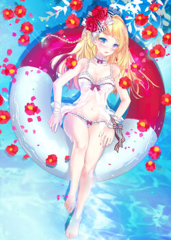 1girl barefoot bikini blonde_hair blush breasts cleavage flower frilled_bikini frills hair_flower hair_ornament highres innertube long_hair lying medium_breasts million_arthur_(series) nail_polish navel nyx_(shell_grotto) on_back photoshop_(medium) purple_eyes revision ribbon see-through_clothes soaking_feet solo swim_ring swimsuit water