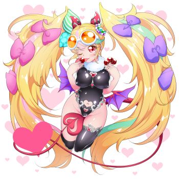 1girl absurdres asymmetrical_legwear bare_shoulders blonde_hair blush bow breasts clothing_cutout covered_erect_nipples curvy demon_girl demon_tail demon_wings full_body fur-trimmed_collar fur_trim goggles goggles_on_head groin hair_bow heart heart_cutout highleg highleg_leotard highres hip_focus holding_candy holding_lollipop hourglass impossible_clothes jumping large_breasts leotard licking licking_lollipop lollipop long_hair looking_at_viewer low_wings mini_wings monster_strike mukakin:zero multicolored_hair multiple_hair_bows navel navel_cutout one_eye_closed purple_wings red_eyes red_tail shiny_clothes sidelocks solo tail thighhighs thighs tongue tongue_out twintails two_side_up very_long_hair white_background wings