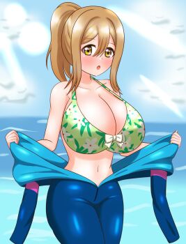 1girl alternate_breast_size_(larger) alternate_hairstyle blush breasts brown_eyes brown_hair cleavage cloud highres huge_breasts kunikida_hanamaru light_rays looking_at_viewer love_live! love_live!_sunshine!! marurumadoka medium_hair navel ocean open_mouth outdoors ponytail sky solo standing undressing water